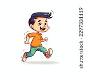 Cute little boy run and happy cartoon flat character vector illustration