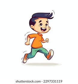 Cute little boy run and happy cartoon flat character vector illustration