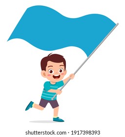 cute little boy run and holding flag