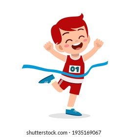 cute little boy run in race and win first place