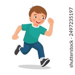 Cute little boy running jogging on the road