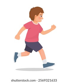 Cute little boy running jogging on the road side view