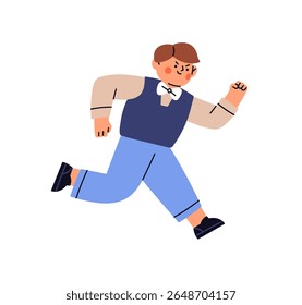 Cute little boy runs in sports race, has fun. Determined kid is reaching to win. Ambitious, confident child is rushing to success, victory. Flat isolated vector illustration on white background