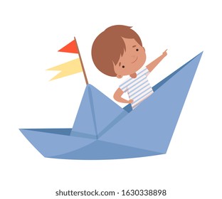 Cute Little Boy Sailing on a Paper Boat with Flags, Child Pointing Into the Distance Vector Illustration