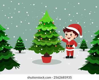 Cute little boy in santa costume with decorative christmas tree in snowfall vector illustration.