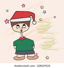 Cute little boy in Santa's cap celebrating Merry Christmas on stars decorated background.