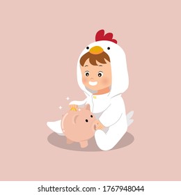 Kleiner Junge, der eine Münze in einer Sparschwein-Illustration spart. Seit wenig Geld sparen. Flacher Vektor.