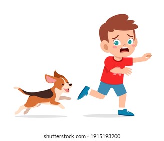 cute little boy scared because chased by bad dog