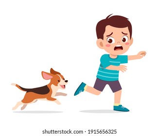 cute little boy scared because chased by bad dog