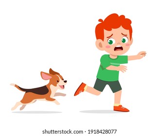 cute little boy scared because chased by bad dog