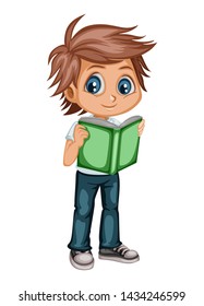Cute Little Boy in School Clothes Reading a Book. Cartoon Vector Illustration of a Student with a Book Isolated on White Background. Back to School Concept