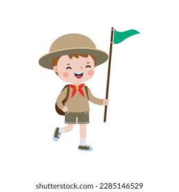 lindo niño scout con mochila y bandera, feliz niño scout honor uniforme campamento de verano caricatura personaje plano ilustración vectorial aislada sobre fondo blanco