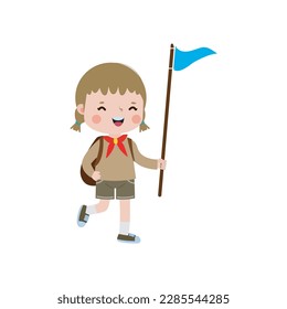 süßer kleiner Junge scout mit Rucksack und Fahne , Happy-Girl-Scout-Ehre-Uniform-Cartoon im Sommer-Camp einzelne Vektorgrafik auf weißem Hintergrund
