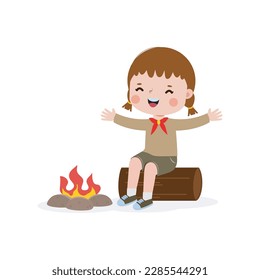 Cute little boy scout or girl scout sitting on a log by the campfire, Happy kid honor uniform summer camp cartoon flat character isolated vector illustration on white background
