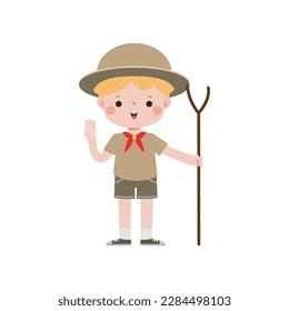 cute little Cute boy scout with Hiking Stick , Happy kid girl scout honor uniform summer camp cartoon flat character isolated vector illustration on white background