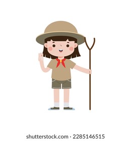 cute little boy scout with Hiking Stick, Happy kid girl scout honor uniform summer camp cartoon flat character isolated vector illustration on white background
