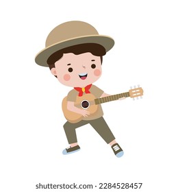 cute little boy scout playing guitar, Happy kid girl scout honor uniform summer camp cartoon flat character isolated vector illustration on white background