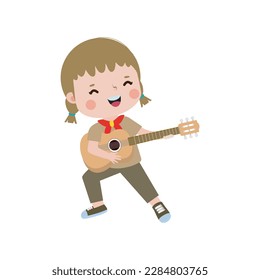 cute little boy scout playing guitar, Happy kid girl scout honor uniform summer camp cartoon flat character isolated vector illustration on white background
