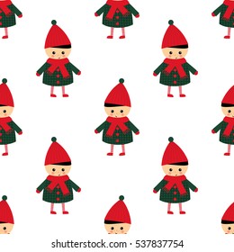 Cute little boy seamless pattern on white background. Boy in cute winter clothes walking outside vector illustration. Baby design for textile, wallpaper, fabric. Winter holidays card.
