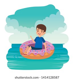cute little boy with shirt and donut float on the sea