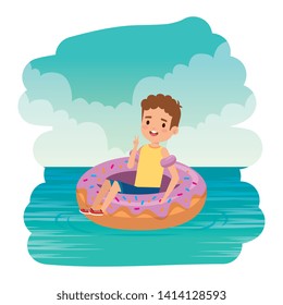 cute little boy with shirt and donut float on the sea