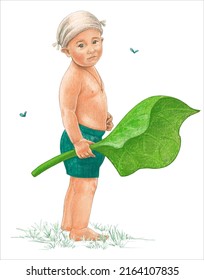 Cute Little Boy In Shorts With A Big Burdock Plant. Summer. Watercolor Illustration For Postcards.