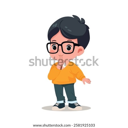 cute little boy show close mouth with finger pose be quiet shhh