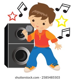 Cute little boy singer with microphone vector cartoon  illustration