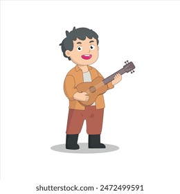 A cute little boy sings and plays the guitar joyfully