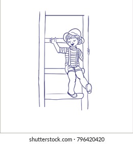 Cute little boy siting with joy and laughter, on the stairs. Hand drawn cartoon doodle vector illustration.