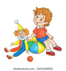 Cute little boy sits on a big colorful ball with a toy clown. In cartoon style. Isolated on white background. Vector illustration.
