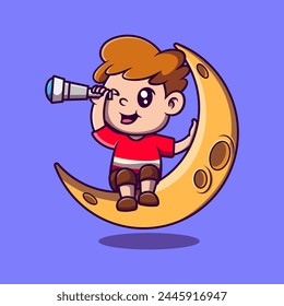 Cute a little boy sits on the moon cartoon illustration. Study icon concept. Flat cartoon style.