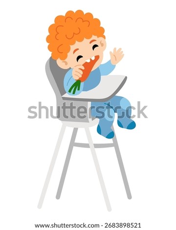 Cute little boy sits on high chair and gnaws carrot. Flat vector illustration isolated on white background. Kawaii character for kids nutrition or healthy lifestyle projects