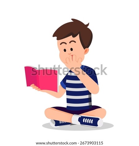 A cute little boy sits reading a book with a surprised expression