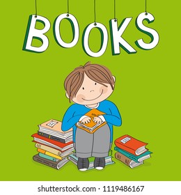 Cute little boy sitting on the pile of books, surrounded of books, enjoying reading - original hand drawn illustration