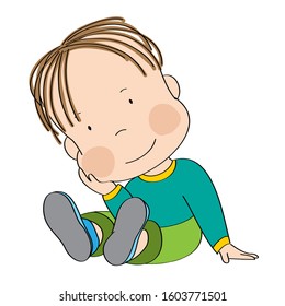 Cute little boy sitting on the floor, smiling happily - original hand drawn illustration