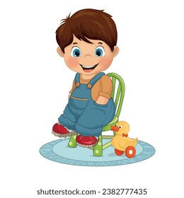 a cute little boy is sitting on a high chair and smiling