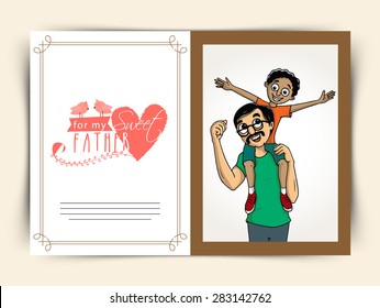 Cute little boy sitting on his father's shoulder, Beautiful greeting card design for Happy Father's Day celebration.