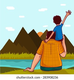 Cute little boy sitting on his father's shoulder on nature view background for Happy Father's Day celebration.