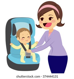 Cute Little Boy Sitting On Car Baby Seat With Mother Holding Him While Fasten Safety Belt