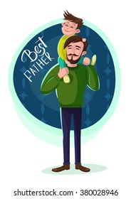 Cute little boy sitting on her father's shoulder. Cartoon vector illustration