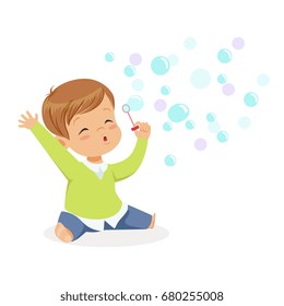 Cute little boy sitting on the floor and playing bubbles vector Illustration