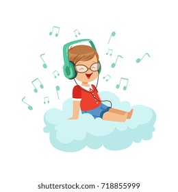 Cute Little Boy Sitting On Cloud Listening Music With Headphones, Kids Imagination And Dreams Vector Illustration