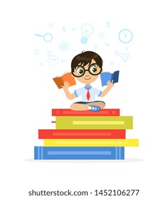 Cute Little Boy Sitting and Reading on Giant Stack of Books Vector Illustration