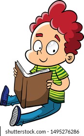 cute little boy sitting and reading a big book