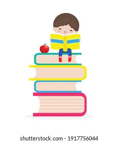 cute little boy sitting and reading a book on stack of books, happy pupil reading a book at a top of a books heap, kids back to school Flat Vector Illustration isolated on white background