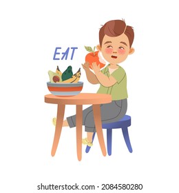 Cute little boy sitting at table and eating apple fruit. Eat verb expressing action cartoon vector illustration