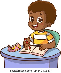 Cute little boy sitting at table, writing in notebook, doing homework at home