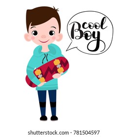 Cute little boy with a skateboard. Teenager boy image, white background.