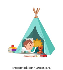 Cute Little Boy Sleep Inside Small Tent